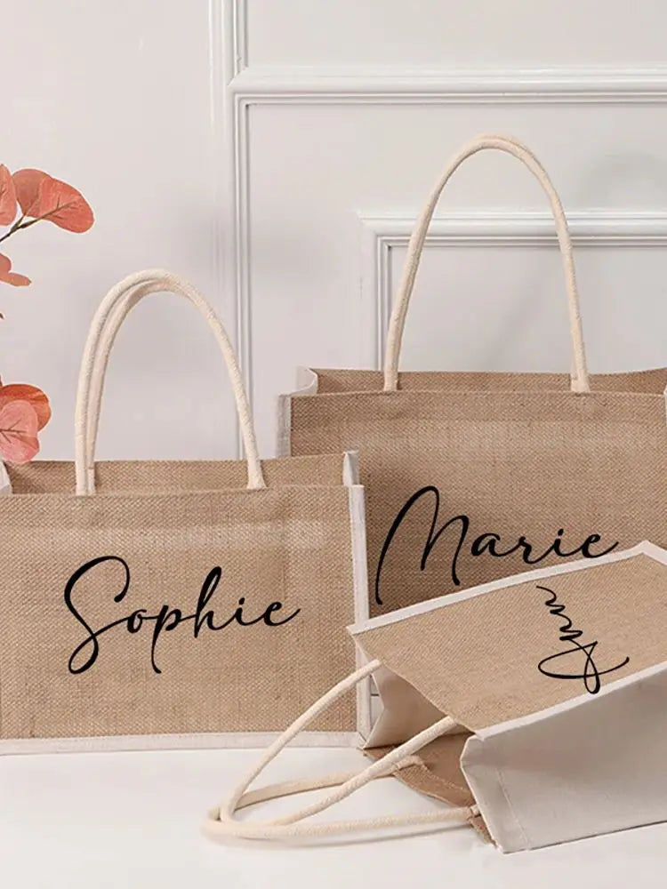 Custom Name Jute Handbag with Name Wedding Bachelorette Party Bridesmaid Gift Bag Personalized Girls Trip Beach Bags Burlap