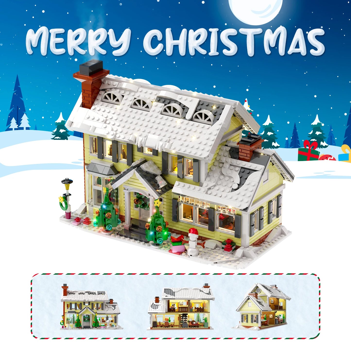 MOC Christmas Winter Village Cafeby Building Holiday Cottage Streets Cape Reindeer Santa Claus Blocks Kids Friend Toys