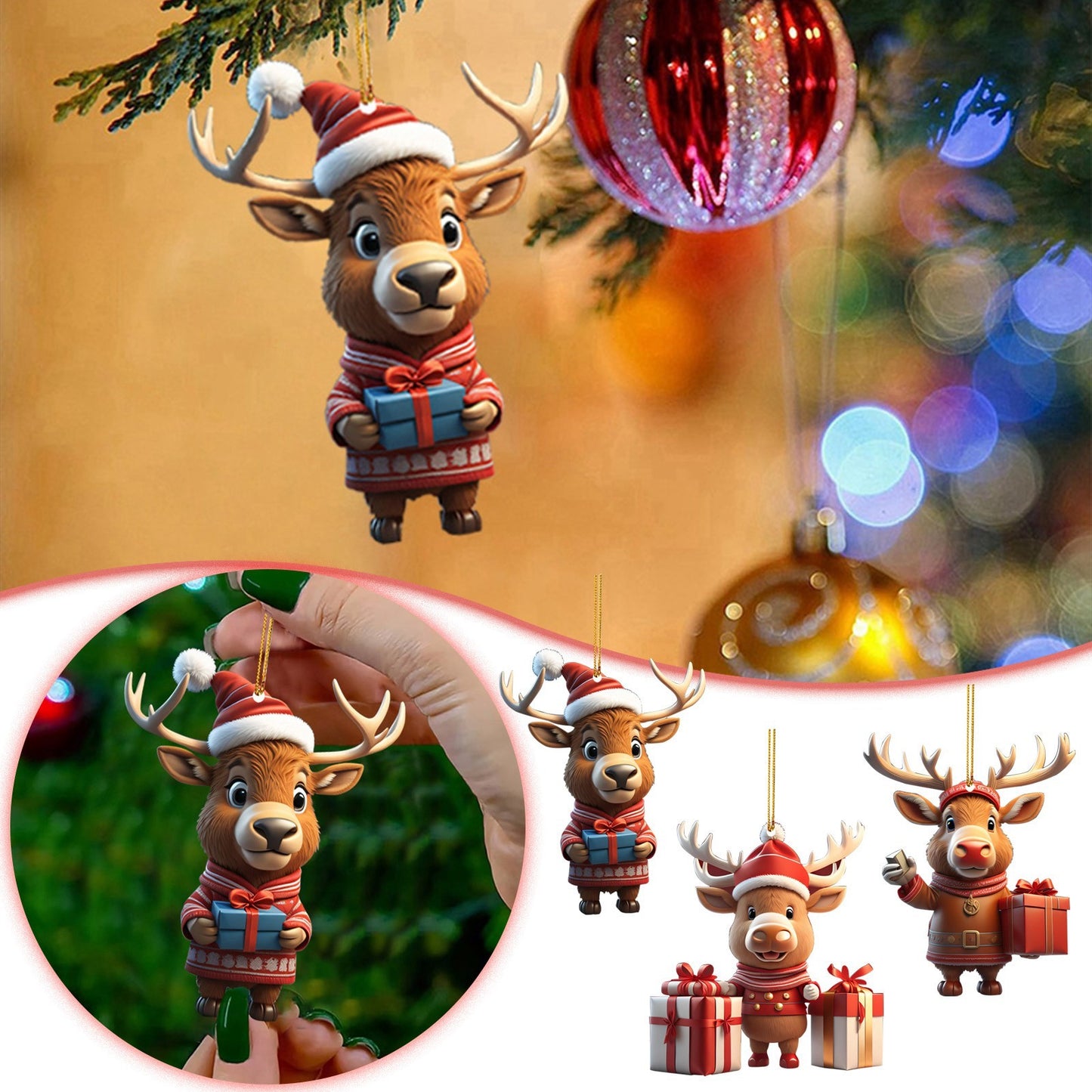 Cartoon Christmas Deer Car Hanging Decor Christmas Tree Pendant 2023 Home Xmas Party Decoration For 2024 New Year Decor Gifts