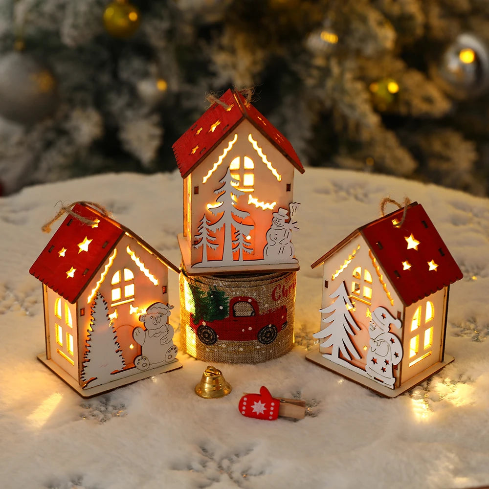 New Christmas Wooden House Pendant Snowman Elk Santa Claus Bear House Lighting Glowing Log Cabin Christmas Decoration Supplies