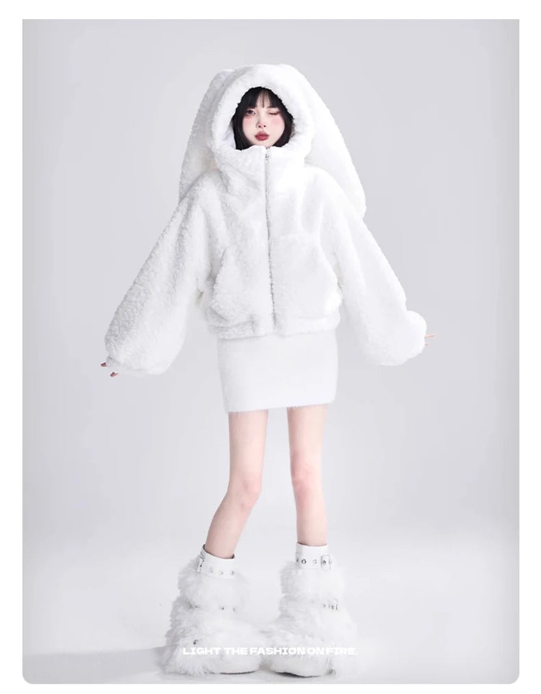 Lautaro Autumn Winter Sweet Cute Lovely Warm Soft White Short Faux Fur Coat Women  with Bunny Ears Fluffy Jacket Hoodie 2023