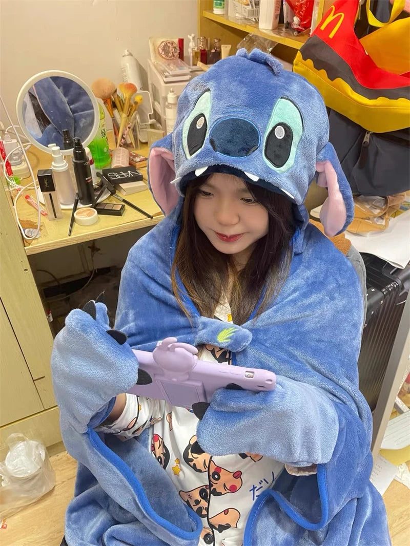 Lovely Stitch Cloak Blanket Comfortable Thickened Hooded Blanket Flannel Nap Cartoon Anime Warm Stitch Blanket Gifts