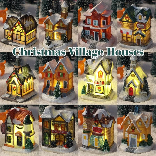 Mini LED Christmas Village Houses Building Xmas Winter Village Town Buildings Collection Home Indoor Room Decoration Xmas Gifts