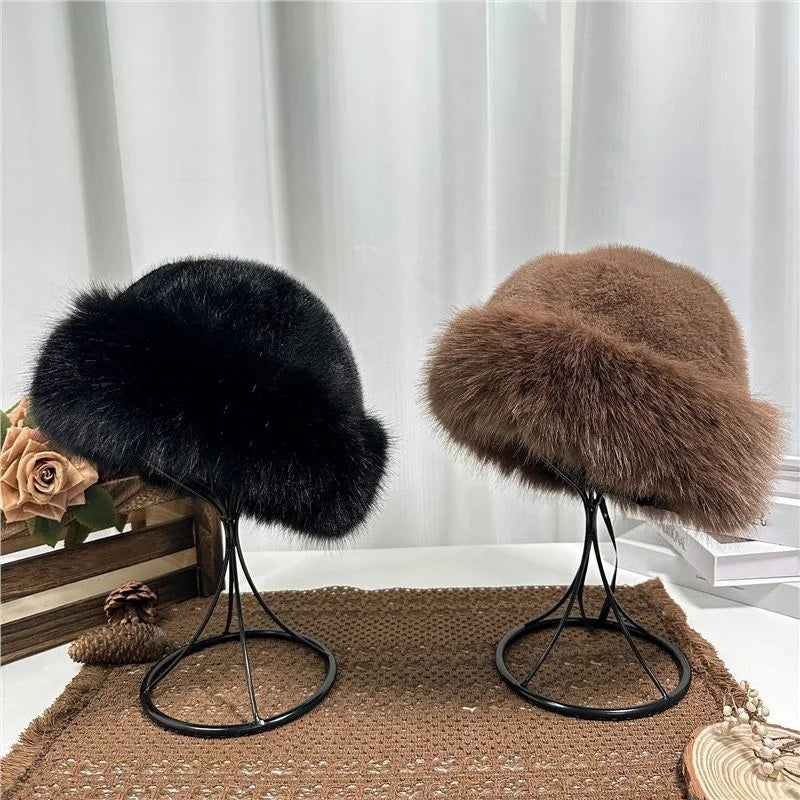 Winter Plush Hat Women Thickened Warm Bucket Hats For Women Men Simple Imitation Fur Ear Protection Cap Windproof Fisherman Cap