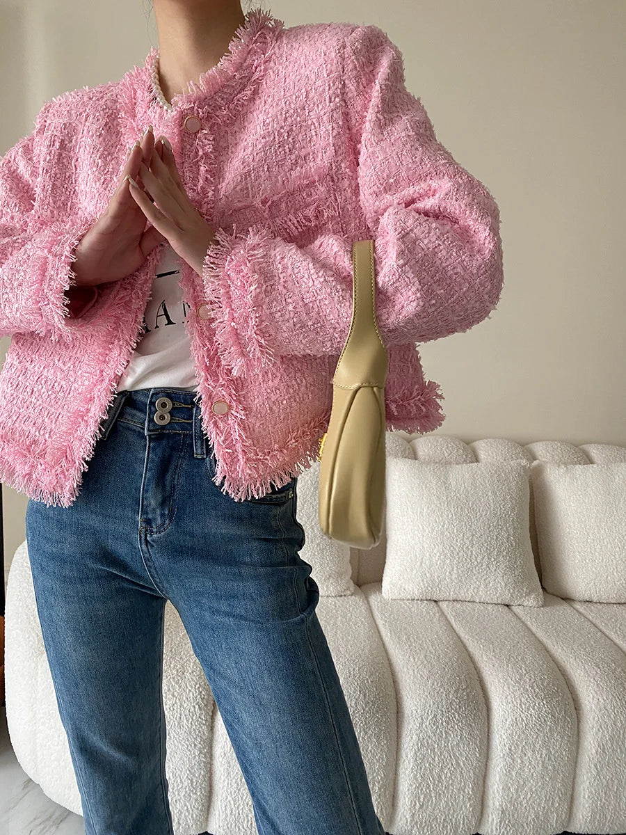 Pink Fringe Fur Shoulder Pad Tweed Jacket Blazer Boucle Crop Coat for Women 2023 Spring