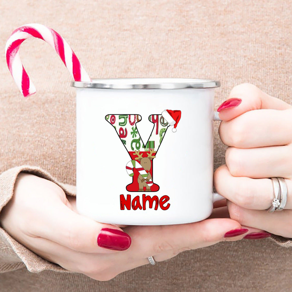 Personlized Reindeer Initial with Name Enamel Cups Christmas Hot Cocoa Chocolate Mug Drink Jiuce Mugs Christmas Gifts for Kids