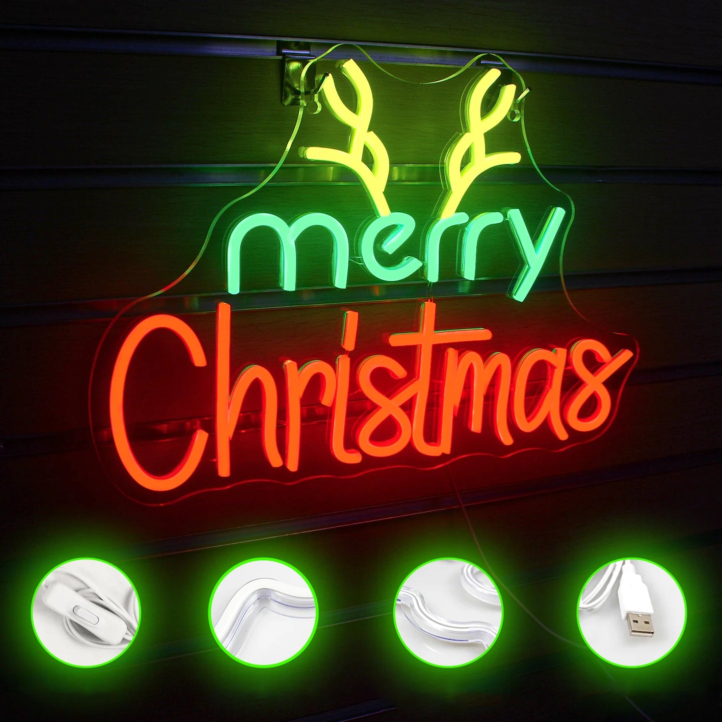 Merry Christmas Neon Sign Red Green LED Lights With Small Decor Dimmable Room Decoration For Festival Home Party Wall Lamp Signs