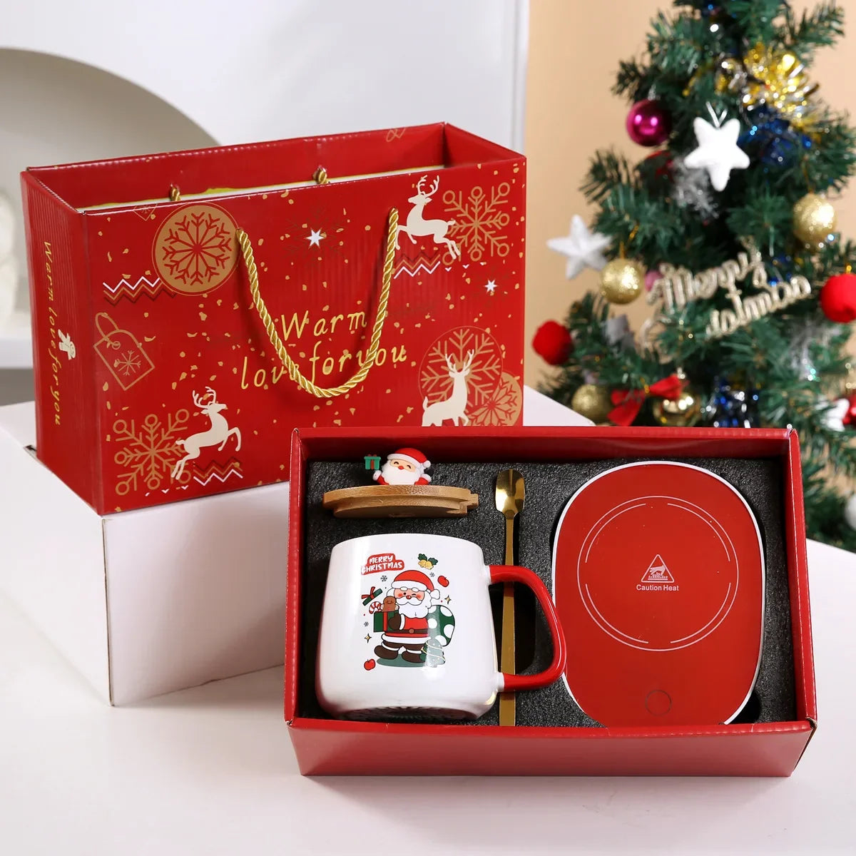 Christmas Gift Set: Warm 55℃ Ceramic Mug with Lid featuring Santa Claus for Office or Home Use