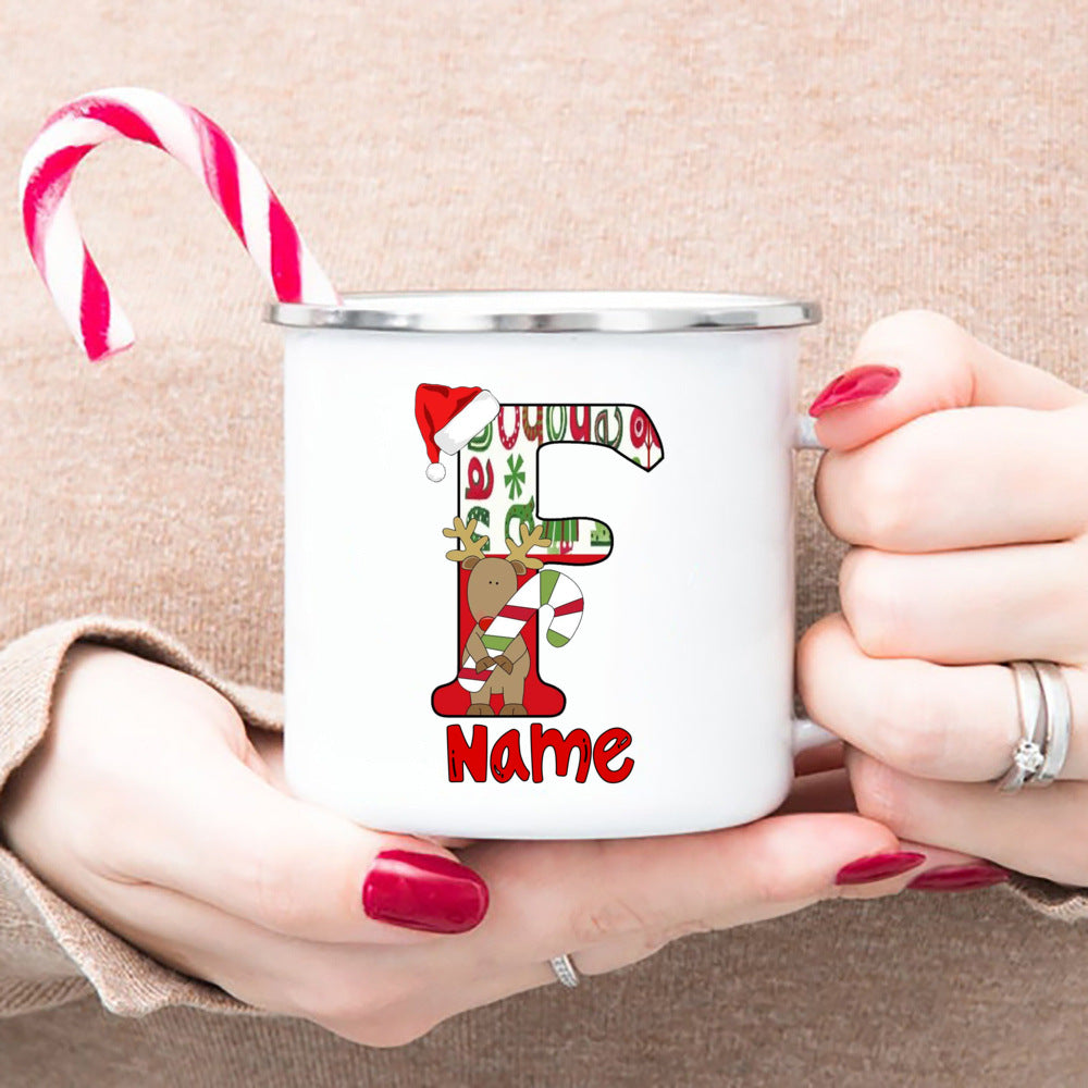 Personlized Reindeer Initial with Name Enamel Cups Christmas Hot Cocoa Chocolate Mug Drink Jiuce Mugs Christmas Gifts for Kids