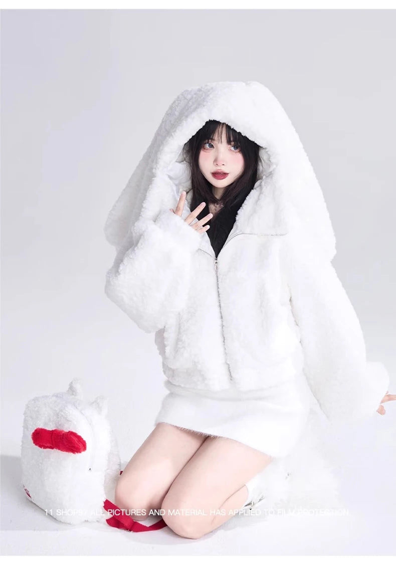 Lautaro Autumn Winter Sweet Cute Lovely Warm Soft White Short Faux Fur Coat Women  with Bunny Ears Fluffy Jacket Hoodie 2023