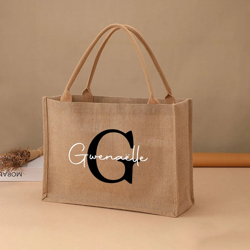 Custom Name Jute Handbag Personalized A-Z Burlap Logo Print Shopping Bag Tote Boutique Small Business Gift Girls Trip Wedding