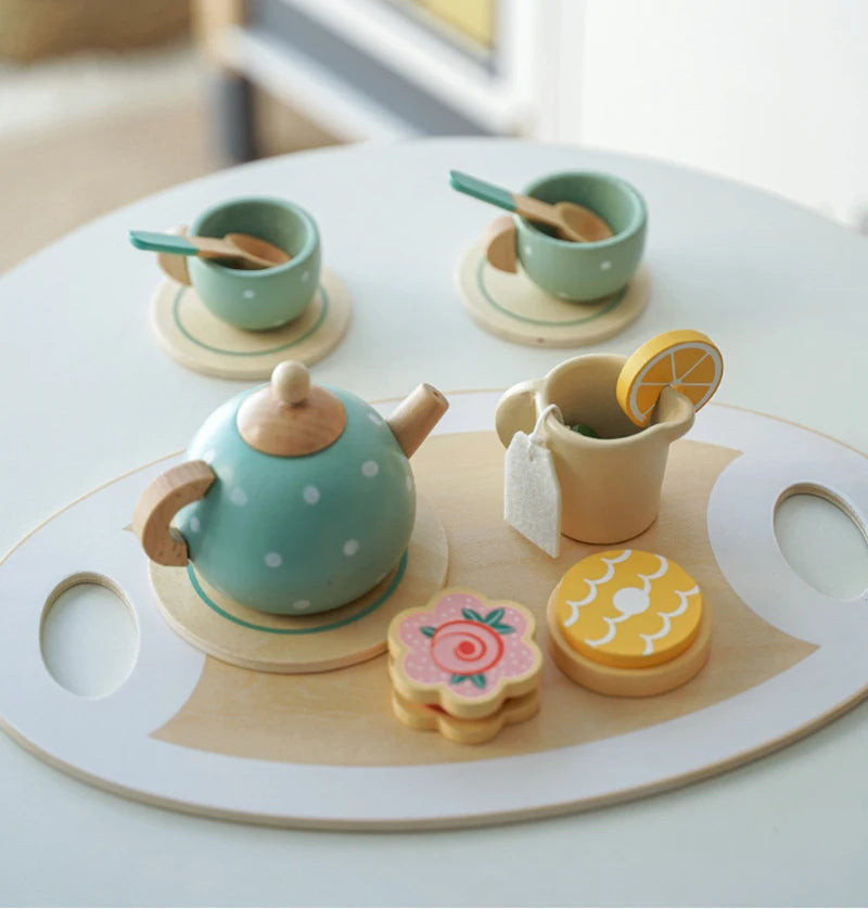 Wooden Afternoon Tea Set Toy Pretend Play Food Learning Role Play Game Early Educational Toys for Toddlers Girls Boys Kids Gifts