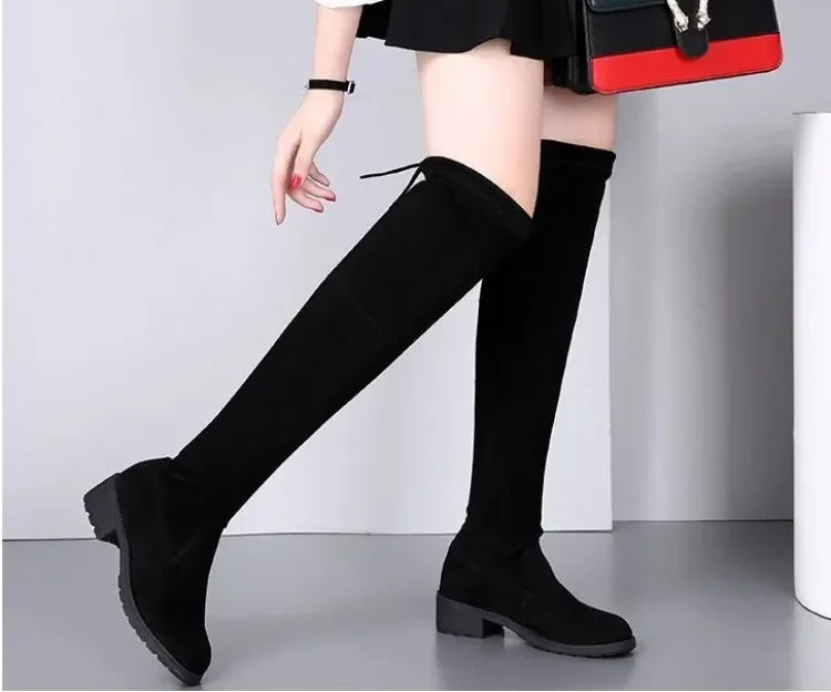 Women Boots Winter Black Over The Knee Boots 2024 New Comfort Lace Up Chunky High Heels Shoes Fashion Warm Suede Round Toe Boots