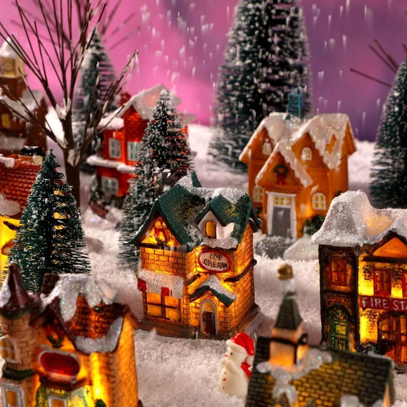 Mini LED Christmas Village Houses Building Xmas Winter Village Town Buildings Collection Home Indoor Room Decoration Xmas Gifts