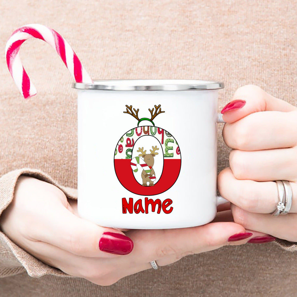 Personlized Reindeer Initial with Name Enamel Cups Christmas Hot Cocoa Chocolate Mug Drink Jiuce Mugs Christmas Gifts for Kids