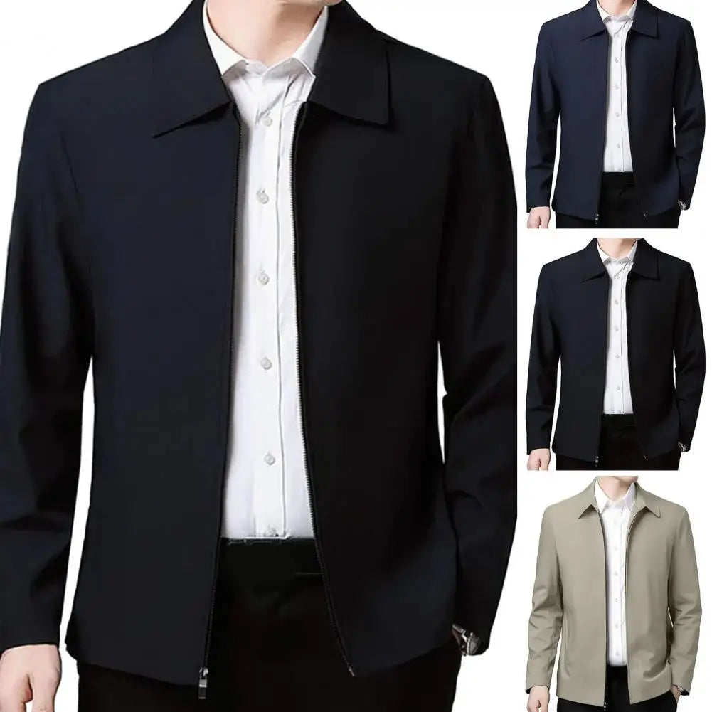 Men Jacket Elegant Mid-aged Men's Lapel Jacket with Zipper Closure Pockets for Formal Business or Casual Wear in Spring Fall