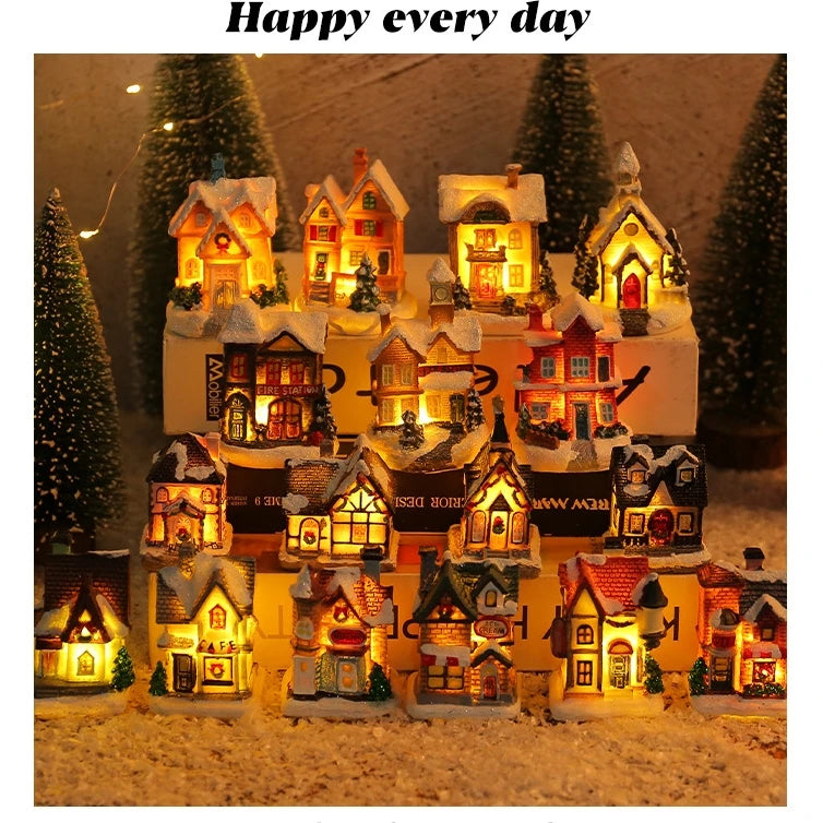 Mini LED Christmas Village Houses Building Xmas Winter Village Town Buildings Collection Home Indoor Room Decoration Xmas Gifts