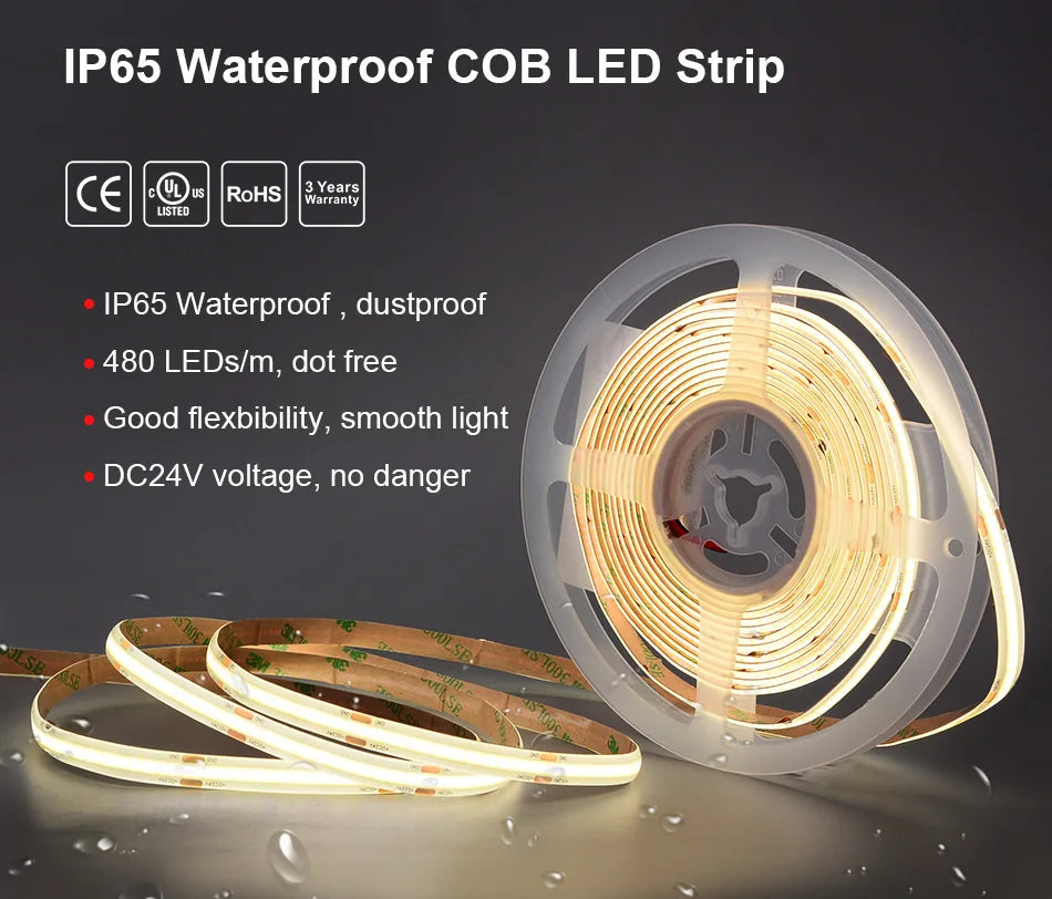 COB LED Strip Light IP65 Waterproof 480 LEDs/m High Density Flexible Tape Ribbon RA90 3000K 4000K 6500K Led Lights DC24V 5m