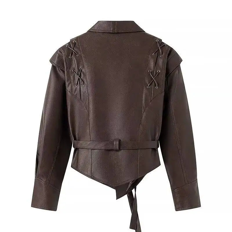 Fashion Lapel Lace Up Pu Leather Jacket Women Long Sleeve Cool Short Coat 2024 Autumn Winter Office Street Lady Overcoat