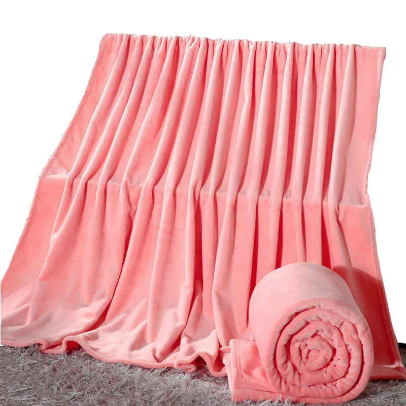 230GSM Coral Fleece Flannel Blankets For Beds Solid Blue Pink Soft Warm Thin Bedspread Sofa Cover Faux Fur Plaid Blanket