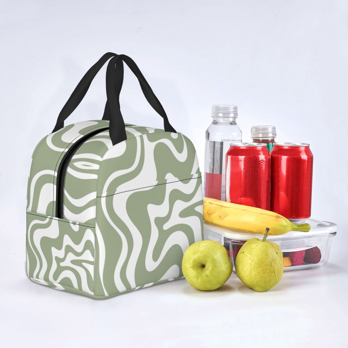 Liquid Swirl Abstract Pattern In Sage Green Insulated Lunch Bag Geometric Art Cooler Thermal Bento Box For Women Kids Food Bags