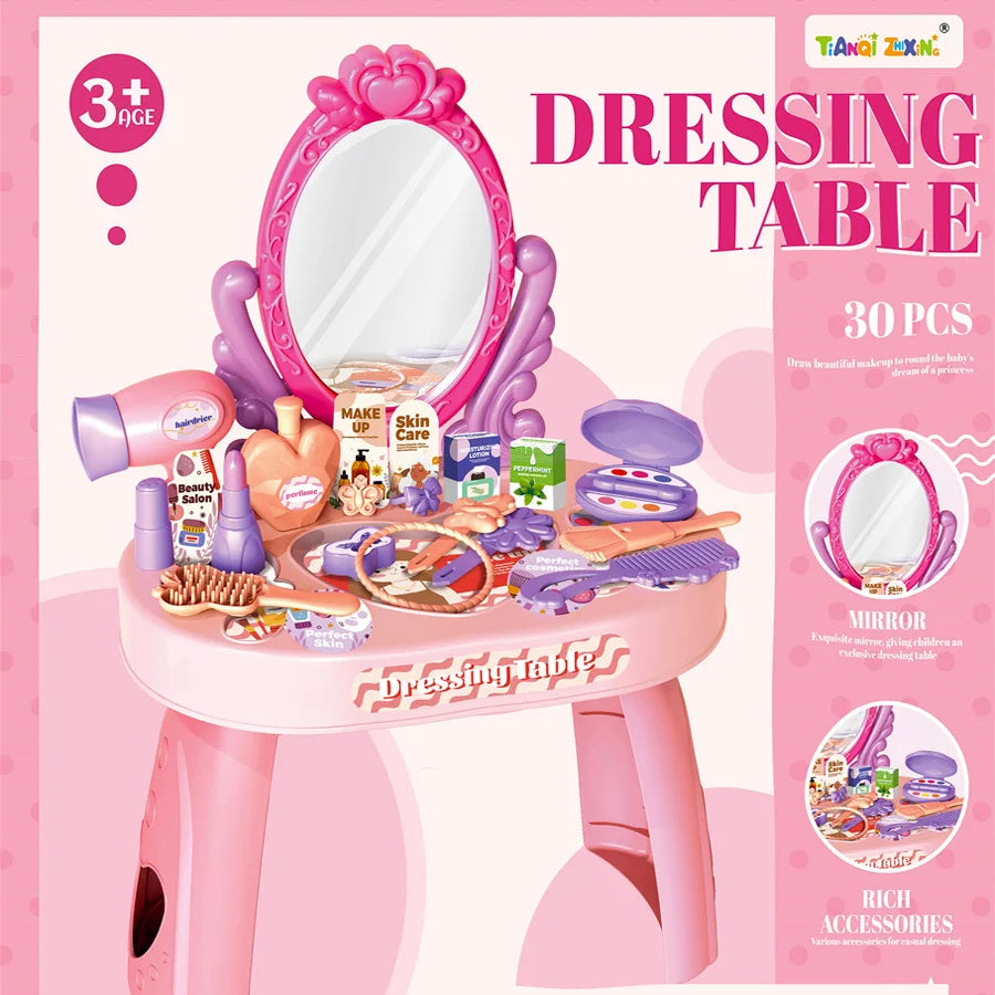 Dressing Table Role Play Set Toy Kids Girls Pink Vanity Mirror Make Up Desk Beauty Sets Toy Play for Pre-Kindergarten Children