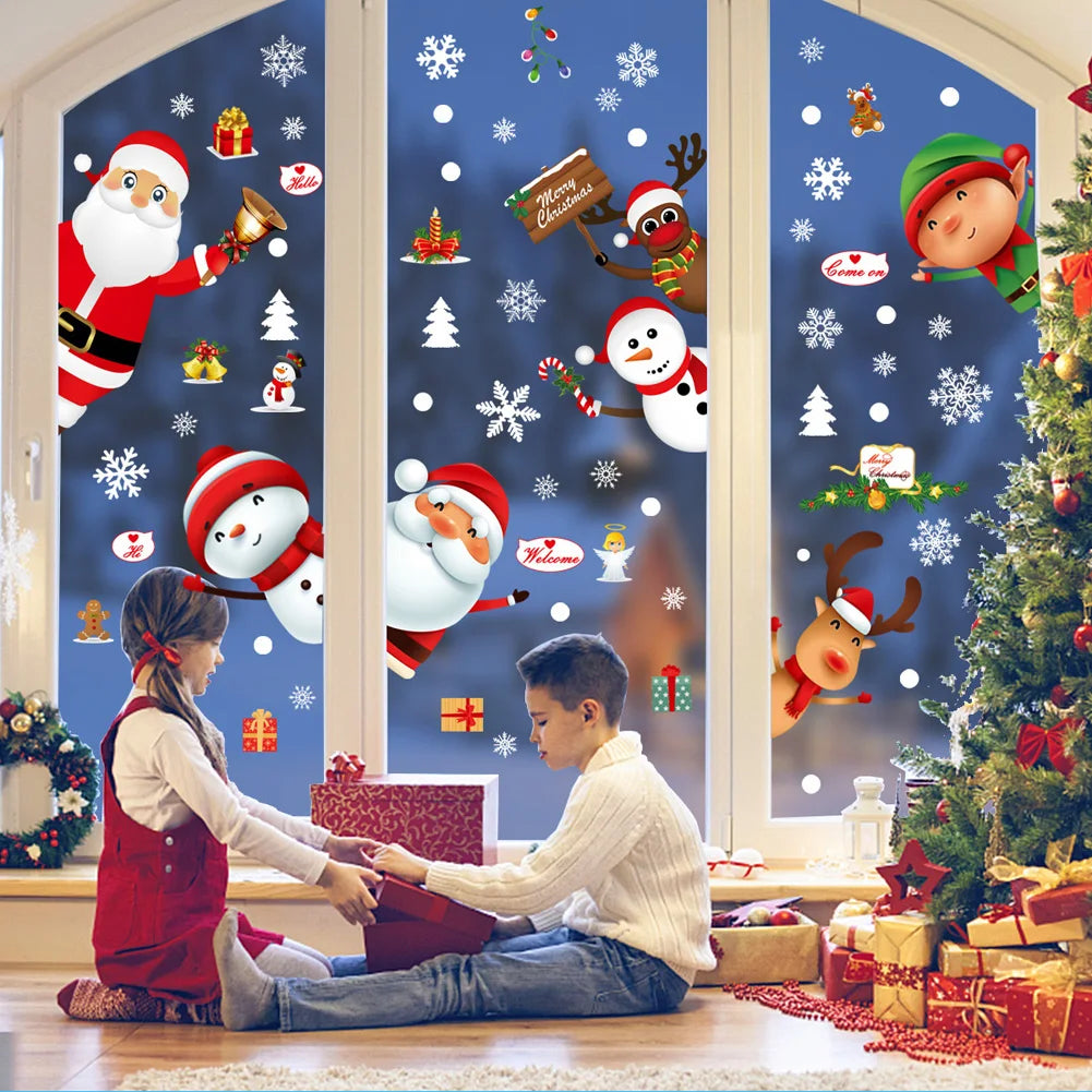 Christmas Snowman Deer Santa Claus Glass Window Stickers For New Year Decoration Mural Room Home Decor Electrostatic Wall Decals