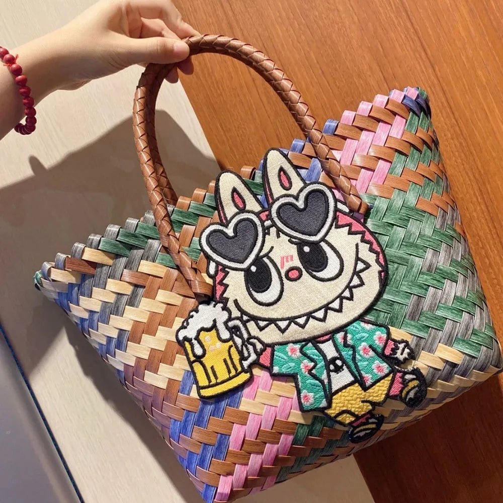 Cartoon Creativity Labubu Hand Woven Women's Shoulder Bag Handbag Cute High-Capacity Student Commuting Package Practical Gift