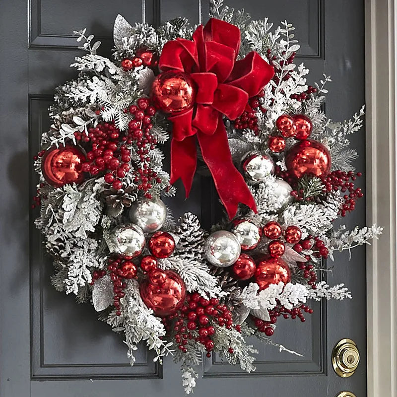 Christmas Wreath Rattan Set Christmas Decoration 2025 Red Bow Wreath For Front Door Xmas Decor Flower Garland Outdoor Home Decor