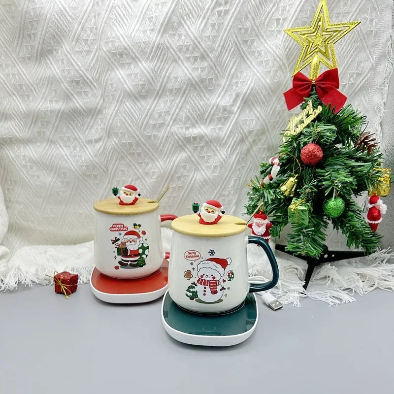 Christmas Gift Set: Warm 55℃ Ceramic Mug with Lid featuring Santa Claus for Office or Home Use