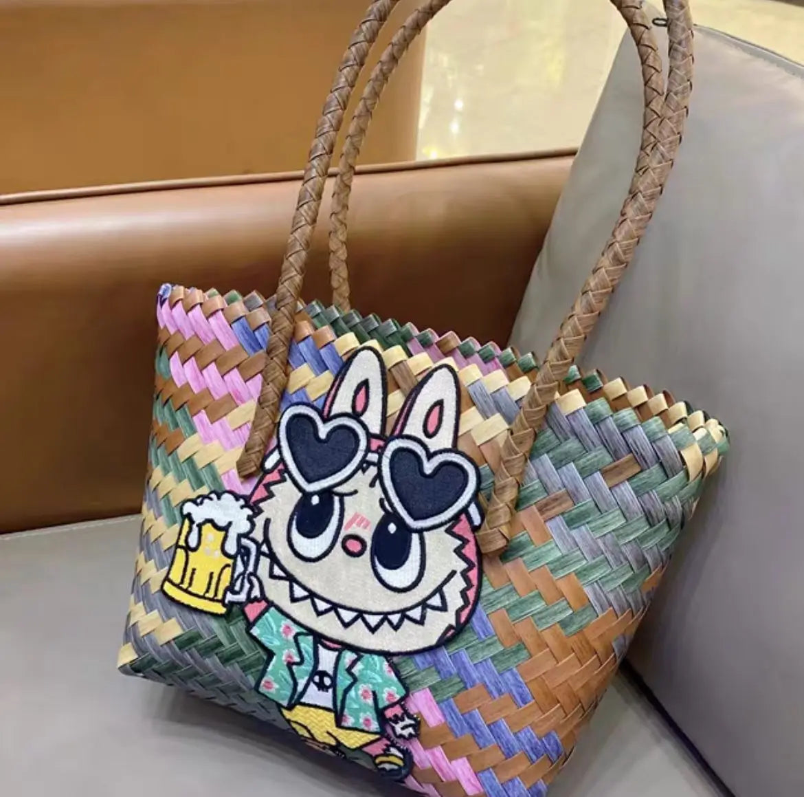 Cartoon Creativity Labubu Hand Woven Women's Shoulder Bag Handbag Cute High-Capacity Student Commuting Package Practical Gift