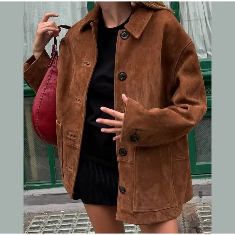 Retro Caramel Suede Leather Blazer Lapel Casual Single Breasted Loose Pocket Women Jacket 2024autumn Fashion Commute Street Coat