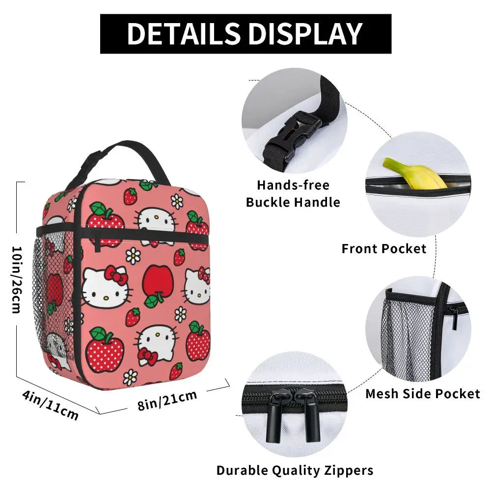 Hello Kitty Apple Strawberry Flower Pattern Insulated Lunch Bag Cooler Bag Meal Container Leakproof Tote Lunch Box School Travel