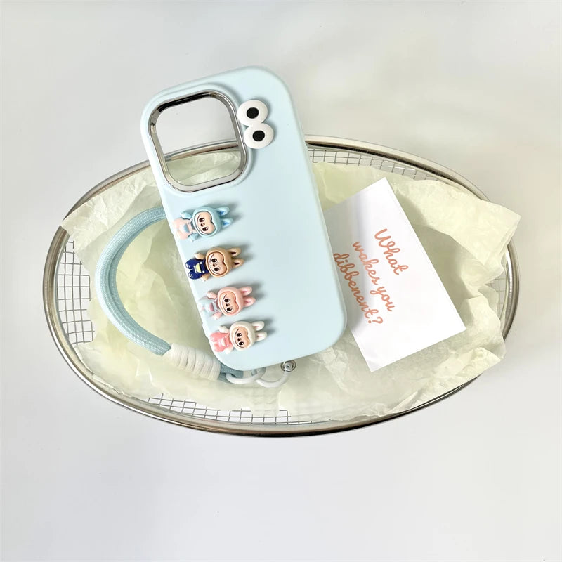 3D Labubu Cartoon Phone Case For iPhone 16 promax 15 14 Plus 13 12 11 Pro Max Mini With Wrist Strap Cute Eyes Soft Cover