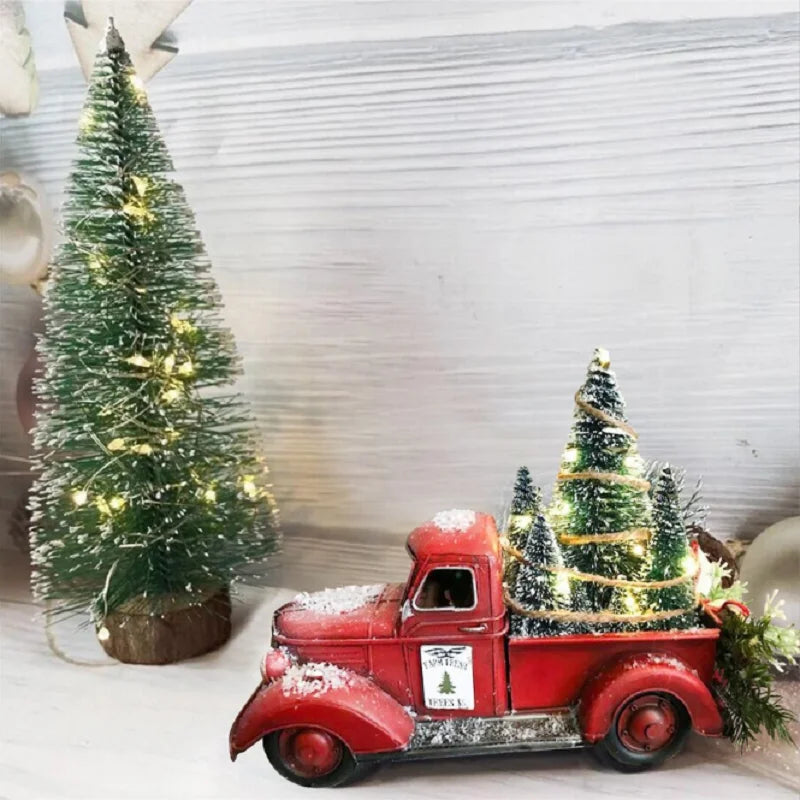 Home Decor Christmas Red Truck Automobile Car with Lights Boy Gift Resin Ornament Craft Waterproof Garden Yard Tree Decoration