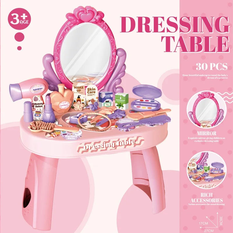 Dressing Table Role Play Set Toy Kids Girls Pink Vanity Mirror Make Up Desk Beauty Sets Toy Play for Pre-Kindergarten Children