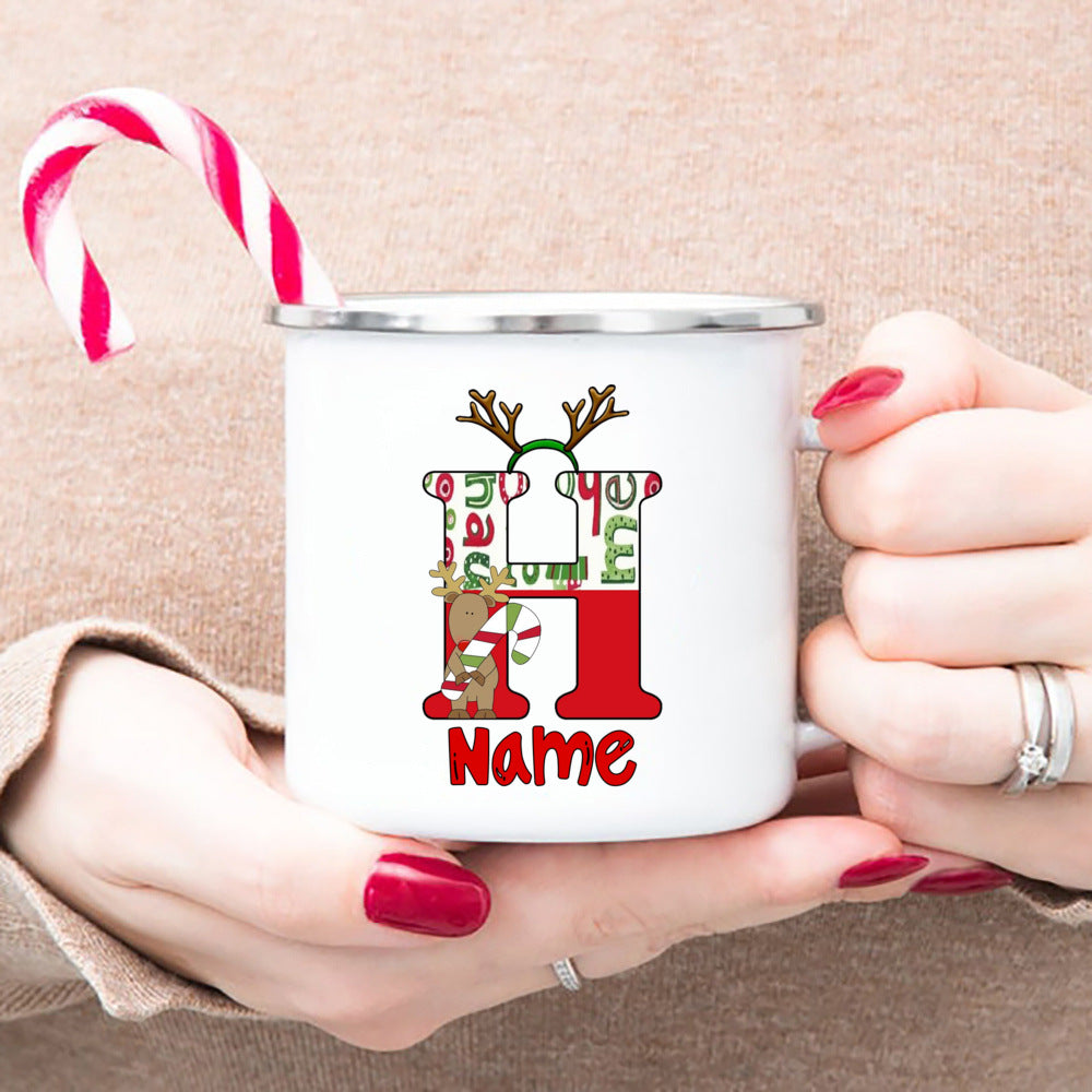 Personlized Reindeer Initial with Name Enamel Cups Christmas Hot Cocoa Chocolate Mug Drink Jiuce Mugs Christmas Gifts for Kids