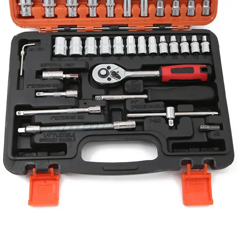 46/53pcs Drive Socket Set 1/4 inch Ratchet Wrench Set with Sockets Metric Hex Bit Socket Set Mechanic Tool Kits for Auto Repair