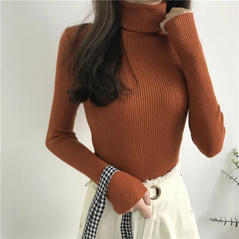 2024 Autumn Winter Thick Sweater Women Knitted Ribbed Pullover Sweater Long Sleeve Turtleneck Slim Jumper Soft Warm Pull Femme