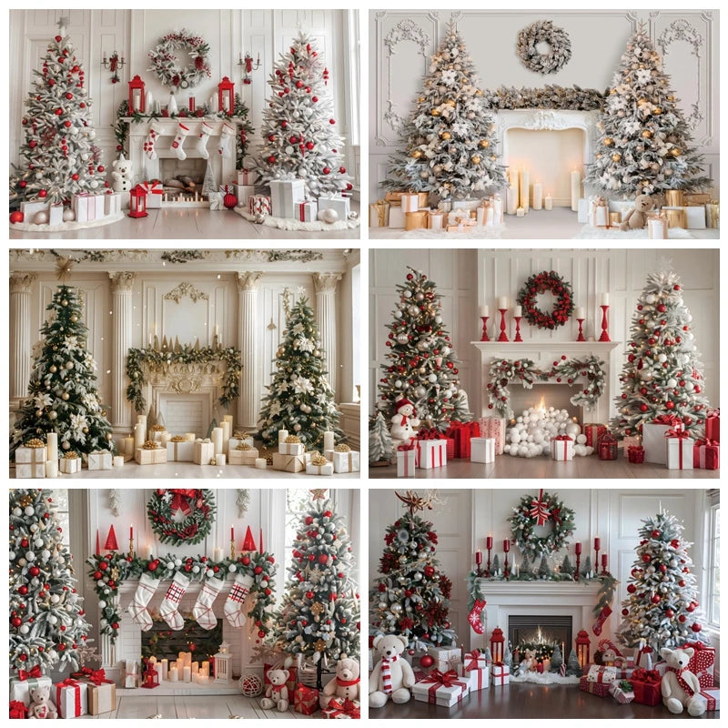 Christmas Fireplace Backdrop White Wall Xmas Tree Gift Family Party Decor Baby Photo Photographic Background Photo Studio Shoots