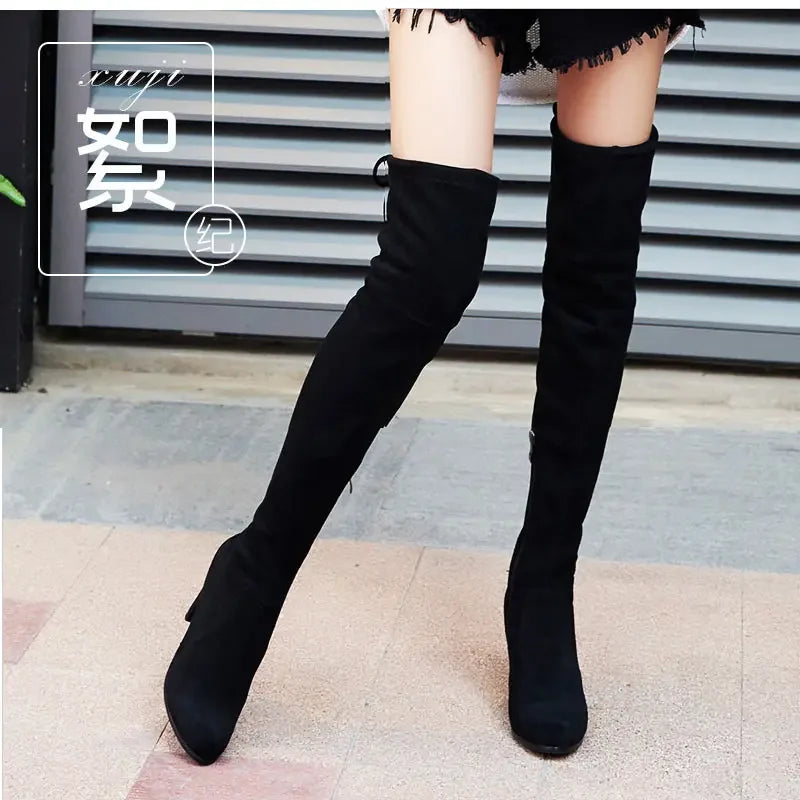 Women Over The Knee Boots Botas Mujer Invierno New Woman in Stretch Fabrics High Heel Slip on Shoes Pointed Toe Long Botte Femme