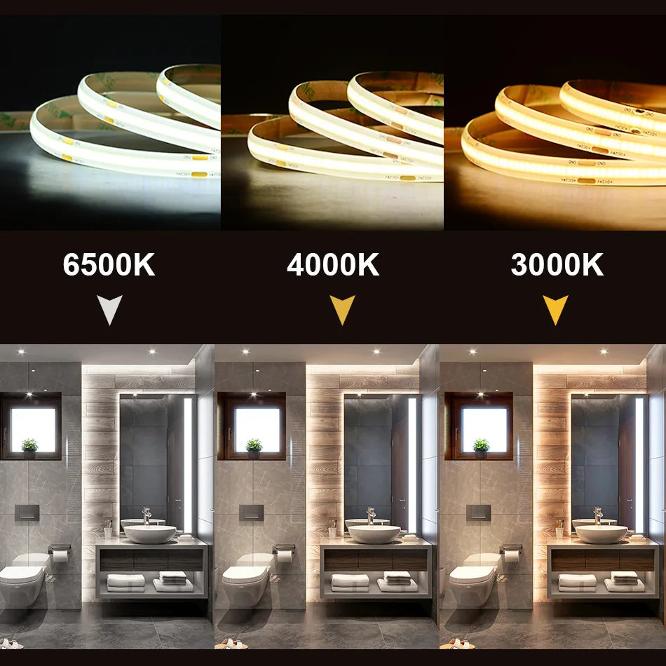 COB LED Strip Light IP65 Waterproof 480 LEDs/m High Density Flexible Tape Ribbon RA90 3000K 4000K 6500K Led Lights DC24V 5m