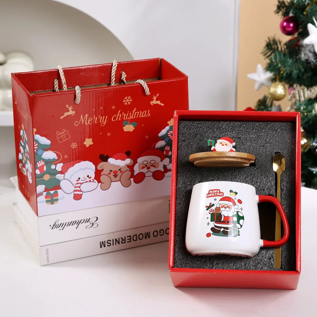 Christmas Gift Set: Warm 55℃ Ceramic Mug with Lid featuring Santa Claus for Office or Home Use