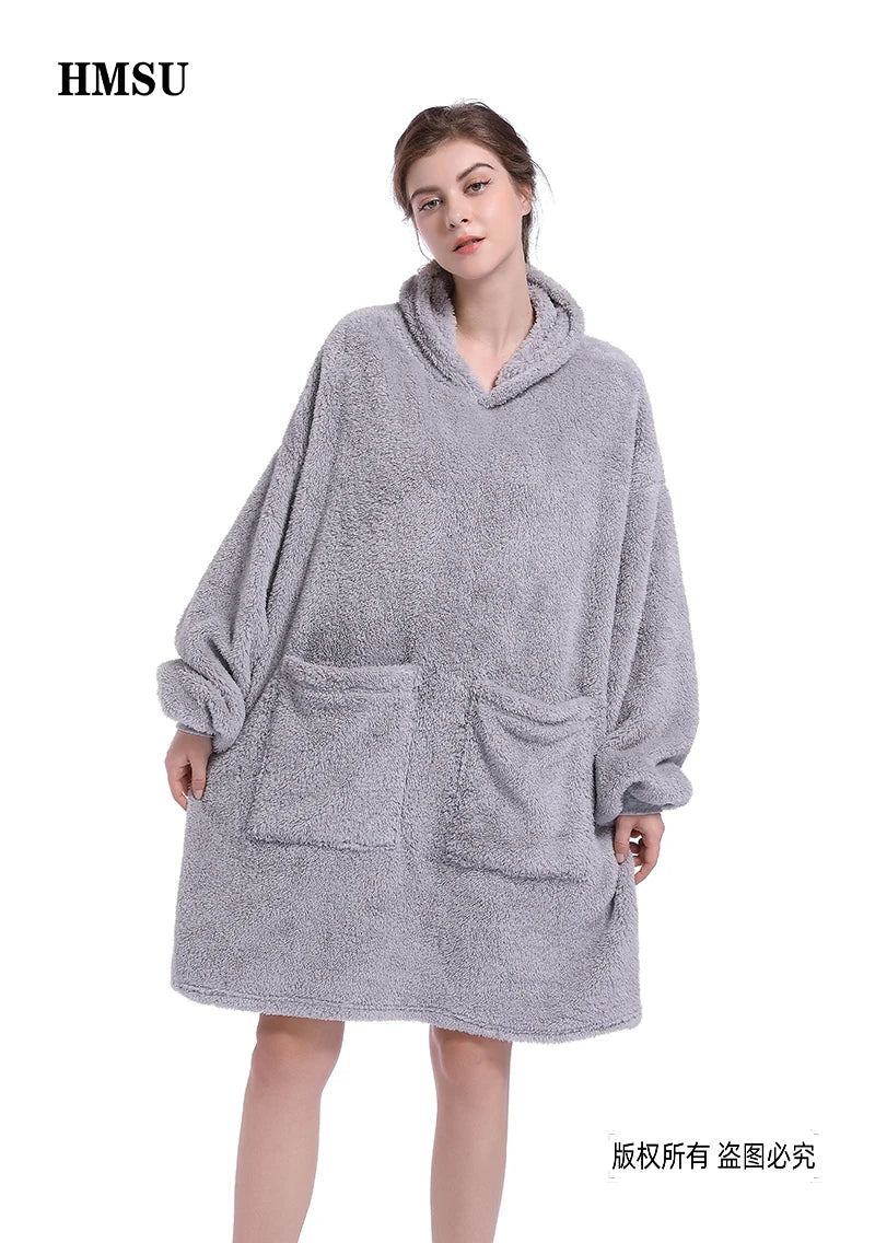 HMSU Oversized Hoodie Blanket With Sleeves Sweatshirt Plaid Winter Fleece Hoody Women Pocket Female Hooded Sweat Oversize Femme