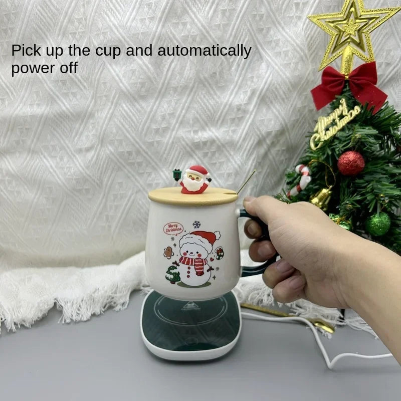 Christmas Gift Set: Warm 55℃ Ceramic Mug with Lid featuring Santa Claus for Office or Home Use