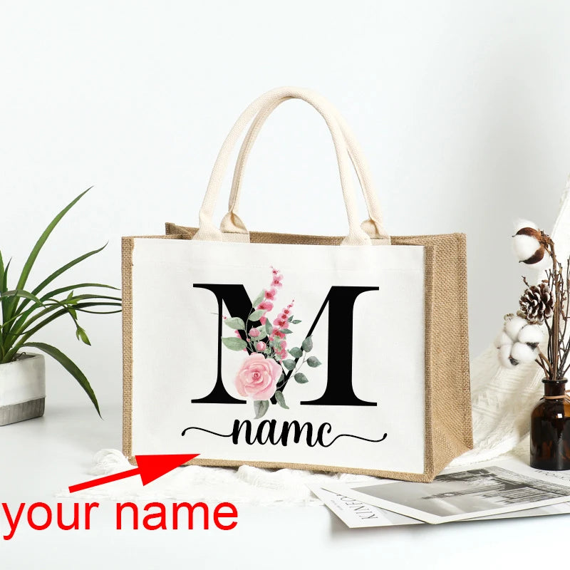 Custom Name Burlap Tote Shopper Bridesmaid Jute Gift Bag Linen Personalized Bridal Party Bachelore Wedding Goodie Bag Girls Trip