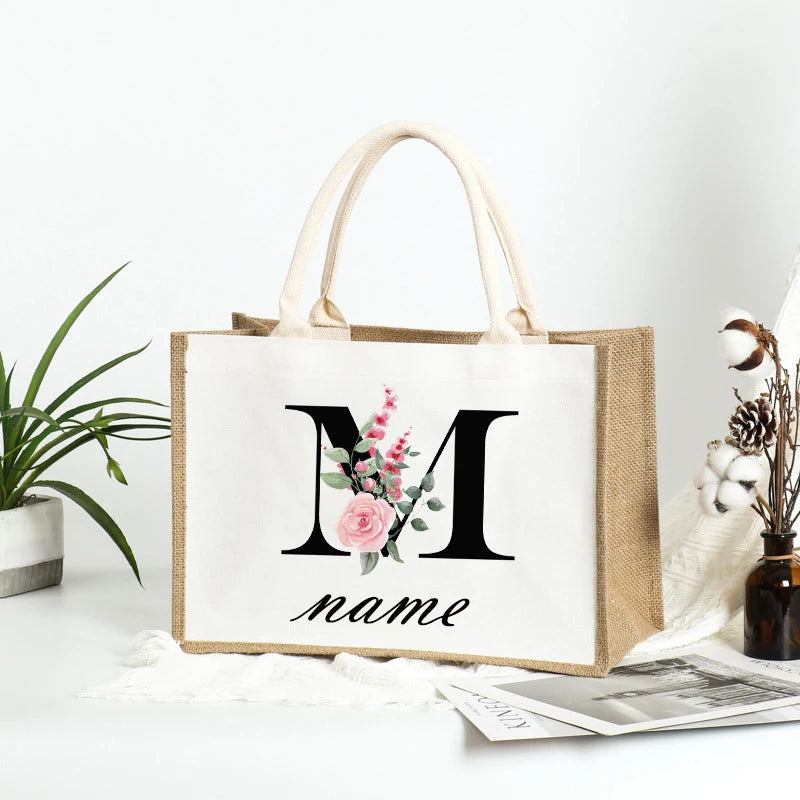 Custom Name Burlap Tote Shopper Bridesmaid Jute Gift Bag Linen Personalized Bridal Party Bachelore Wedding Goodie Bag Girls Trip