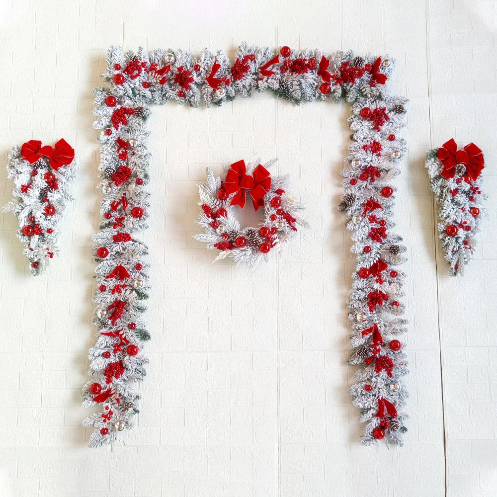 Christmas Wreath Rattan Set Christmas Decoration 2025 Red Bow Wreath For Front Door Xmas Decor Flower Garland Outdoor Home Decor