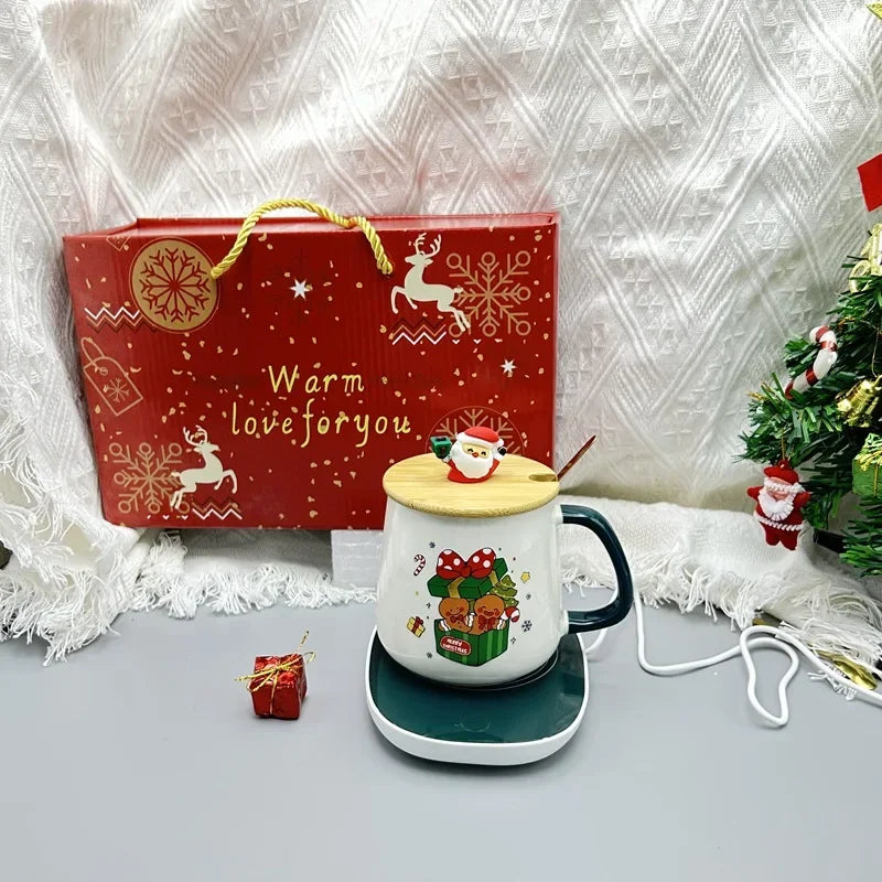 Christmas Gift Set: Warm 55℃ Ceramic Mug with Lid featuring Santa Claus for Office or Home Use