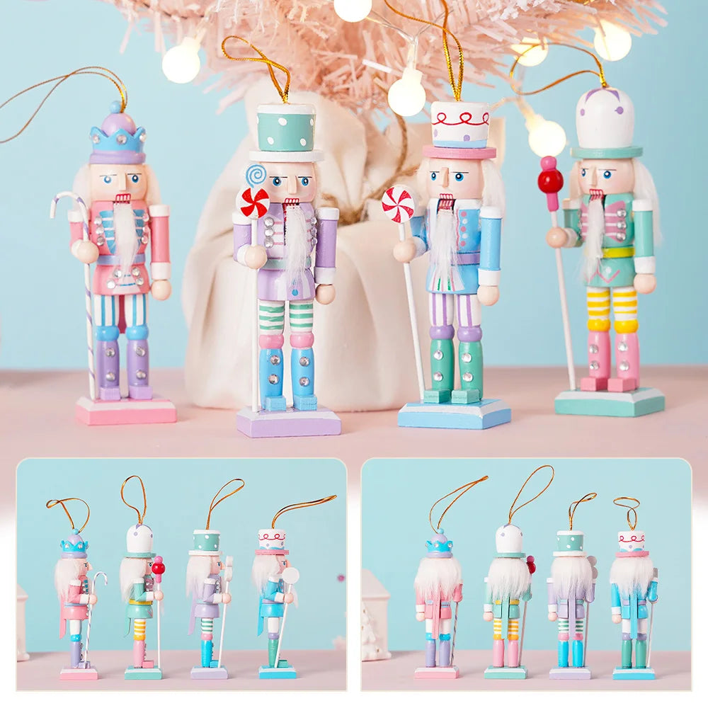 4Pcs Candy Series Nutcracker Puppet Christmas Tree Pendant Wooden Handicraft Soldier Home Desktop Ornament New Year Decoration